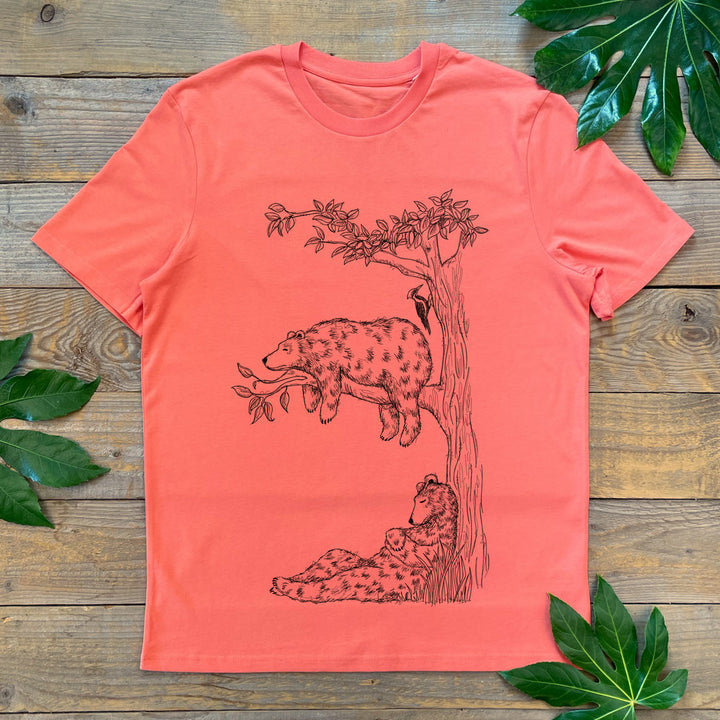 bears sleeping design on coral tshirt
