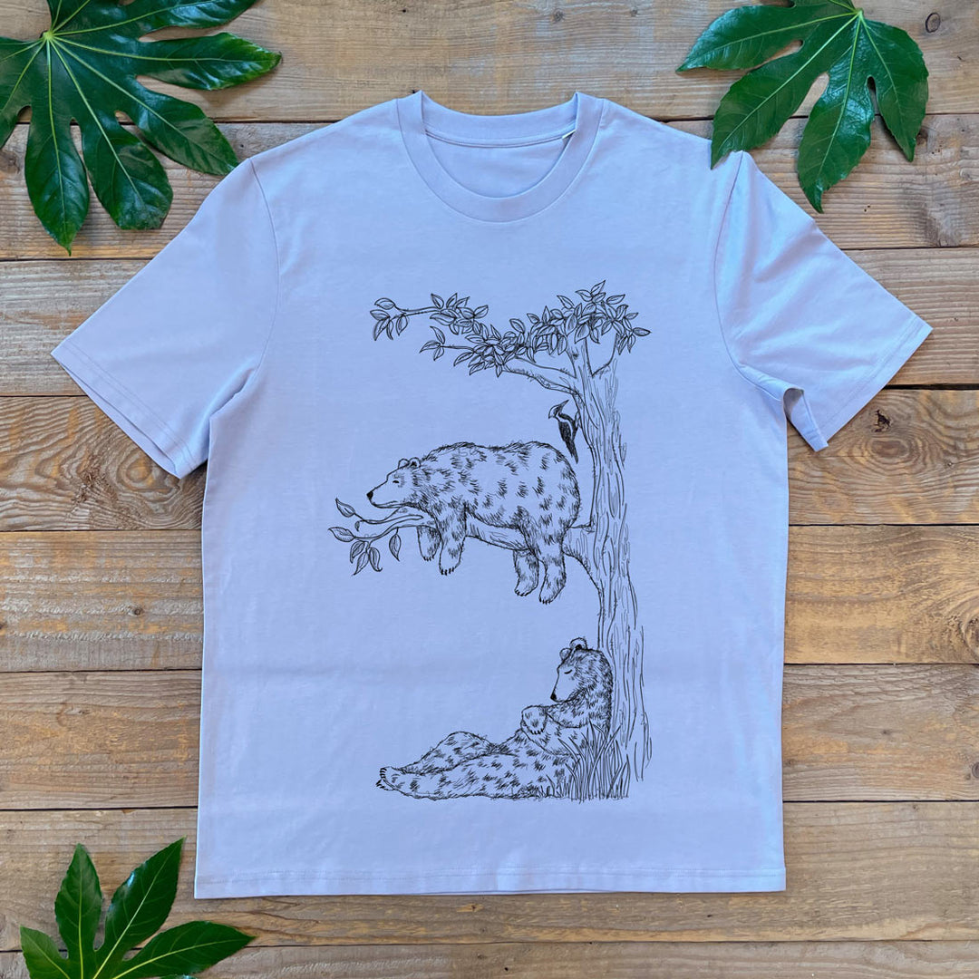 bears sleeping in tree lilac tee
