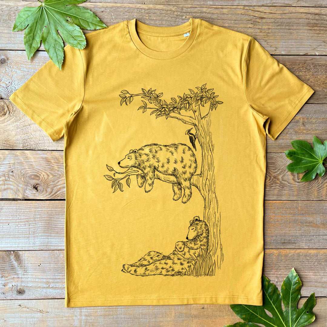 mustard tee with bears sleeping in tree design