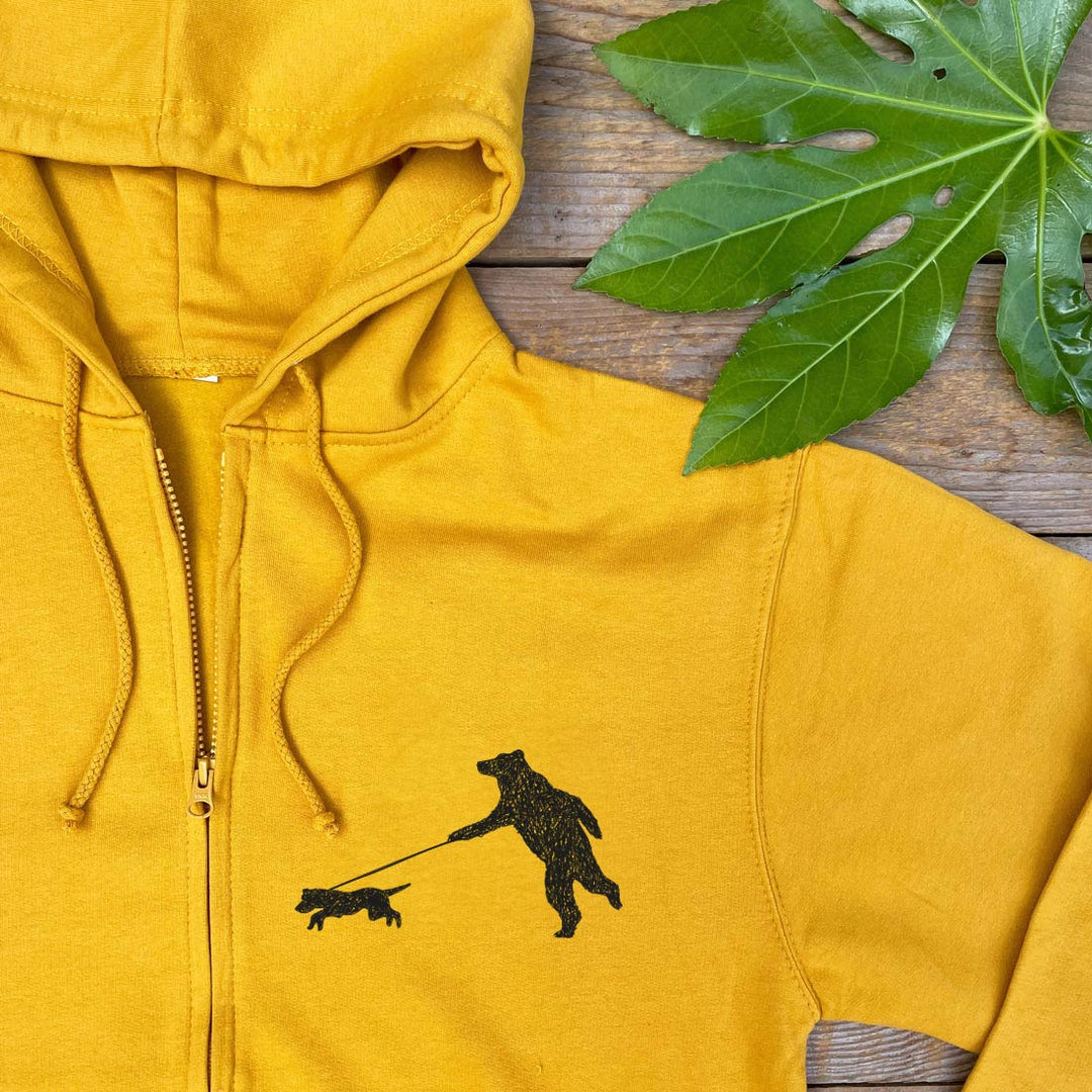 bear walking dog mustard hoodie