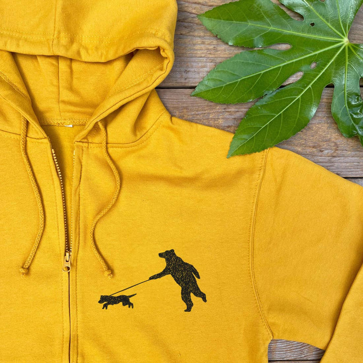 bear walking dog mustard hoodie