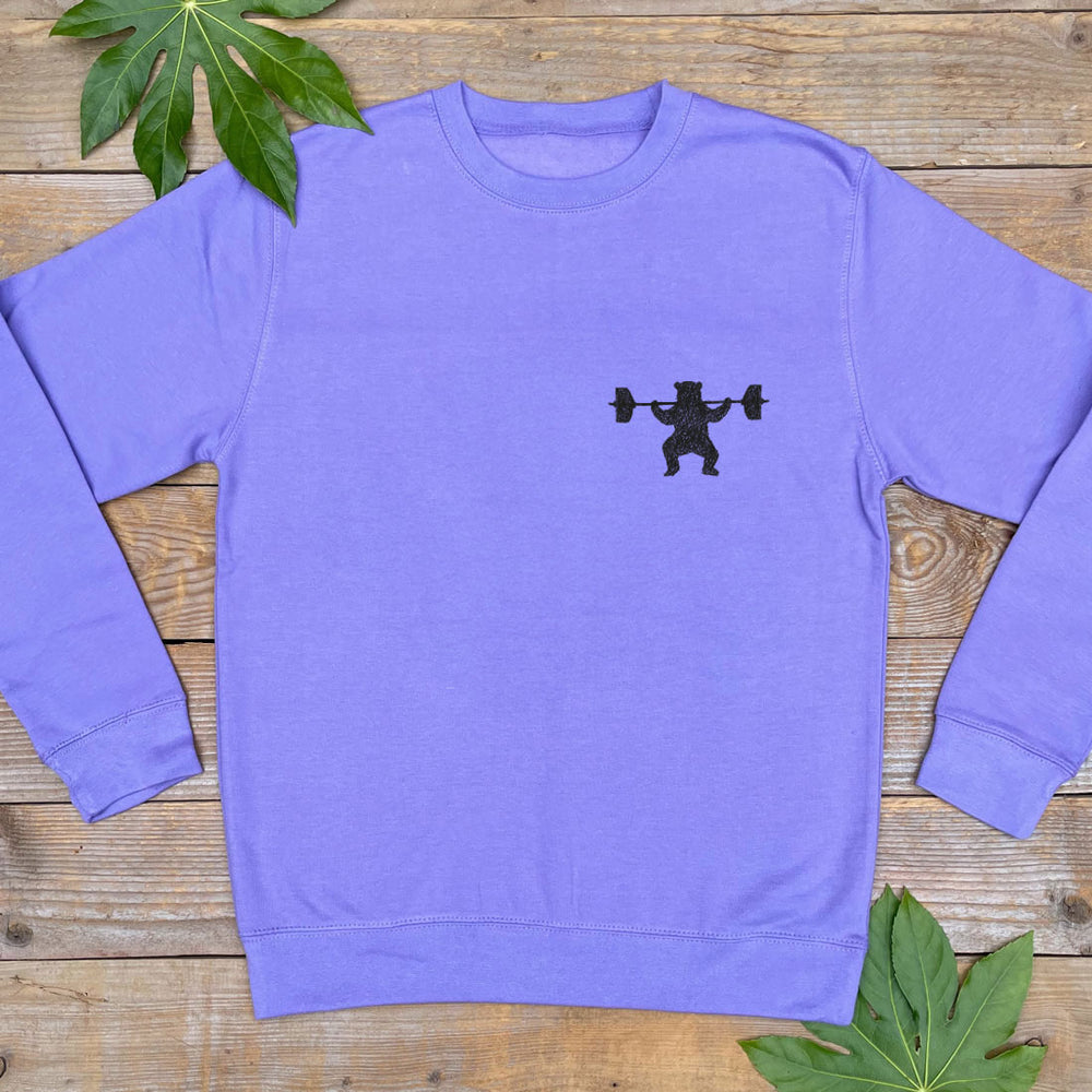purple jumper with bear ligfting weights