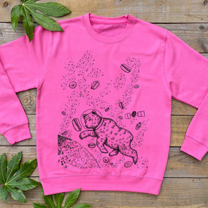 pink jumper with bear and hot dogs in space