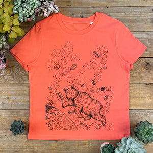 orange tshirt with hot dogs and bear in space