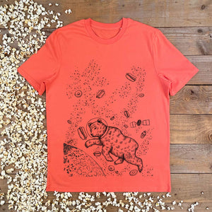 orange tee with bear and hot dogs in space