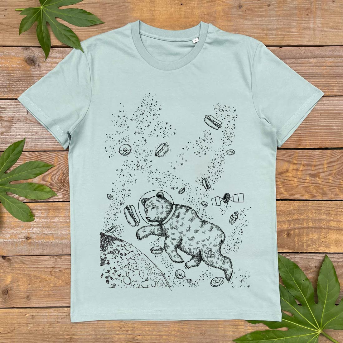 mint tshirt with bear and hot dogs in space