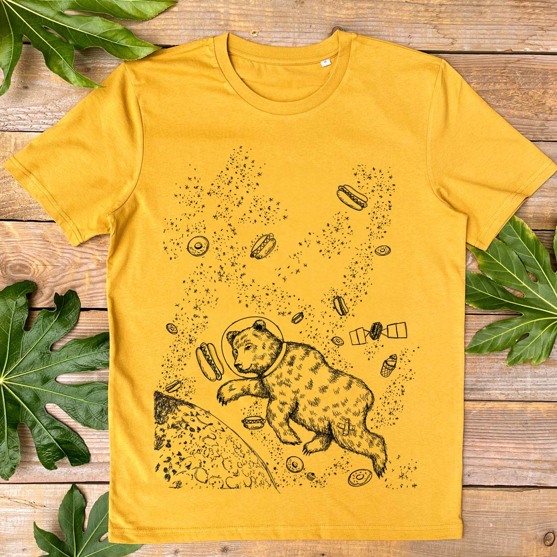 mustard tshirt with bear and hot dogs in space