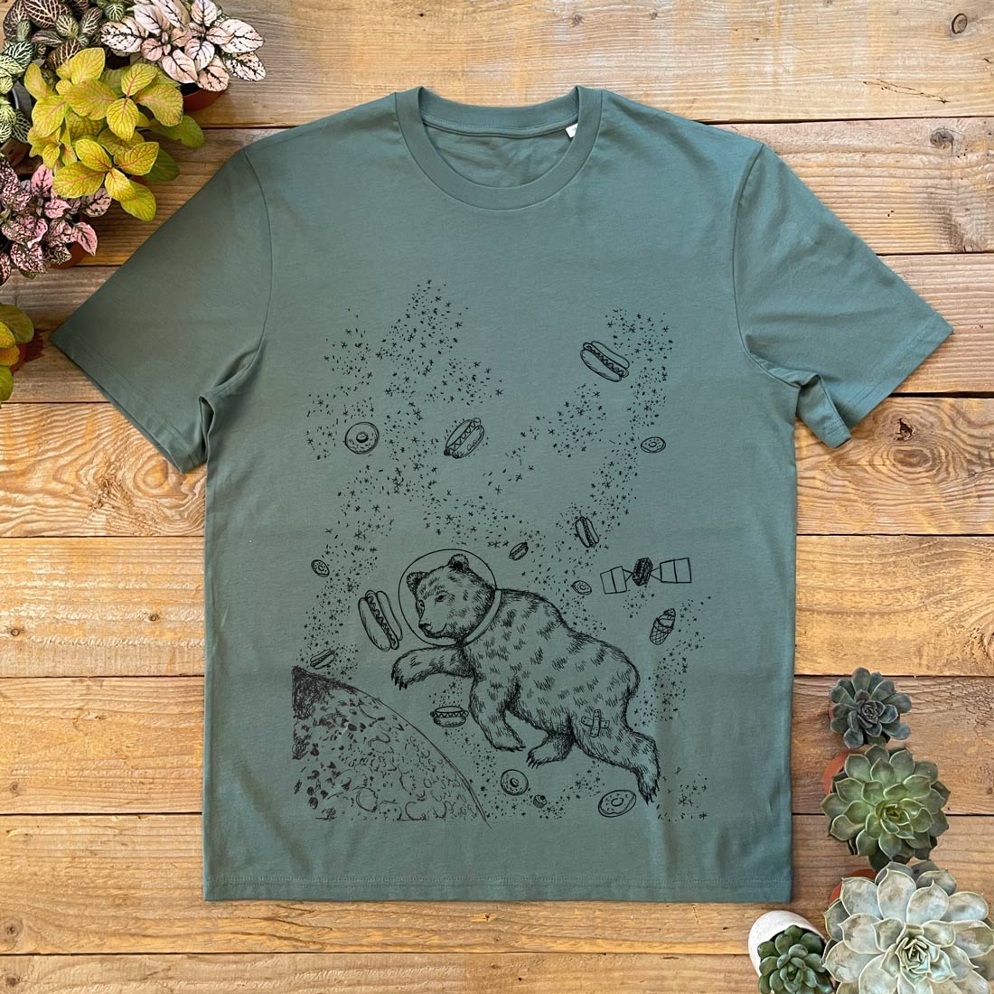 khaki tee with bear chasing hot dogs in space