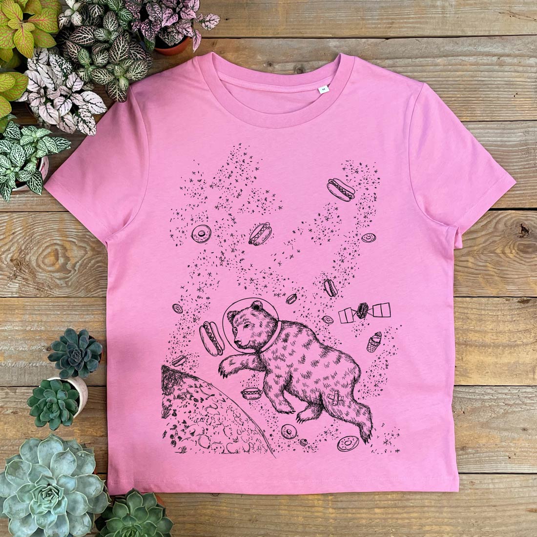 pink tee with bear in space print