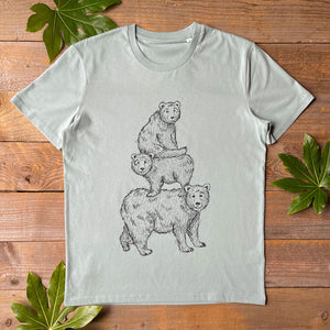awesome bear t-shirt featuring three bears in a stack. Printed on a light green t-shirt