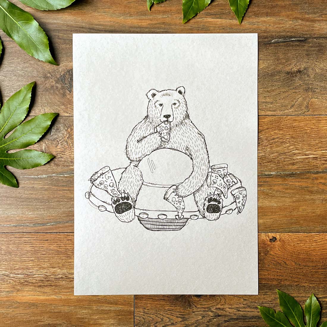 BEAR EATING WHILE SAT ON FLYING SAUCER A3 PRINT