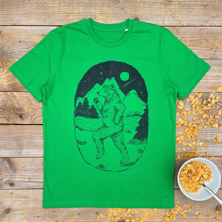 green t-shirt with bear running