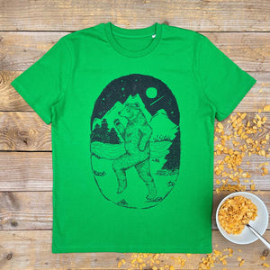 green t-shirt with bear running