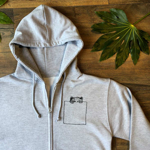 pocket bear zip up hoodie grey