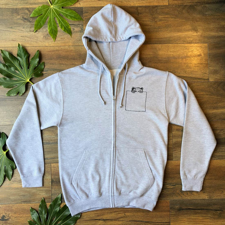 pocket bear zip up hoodie grey long shot