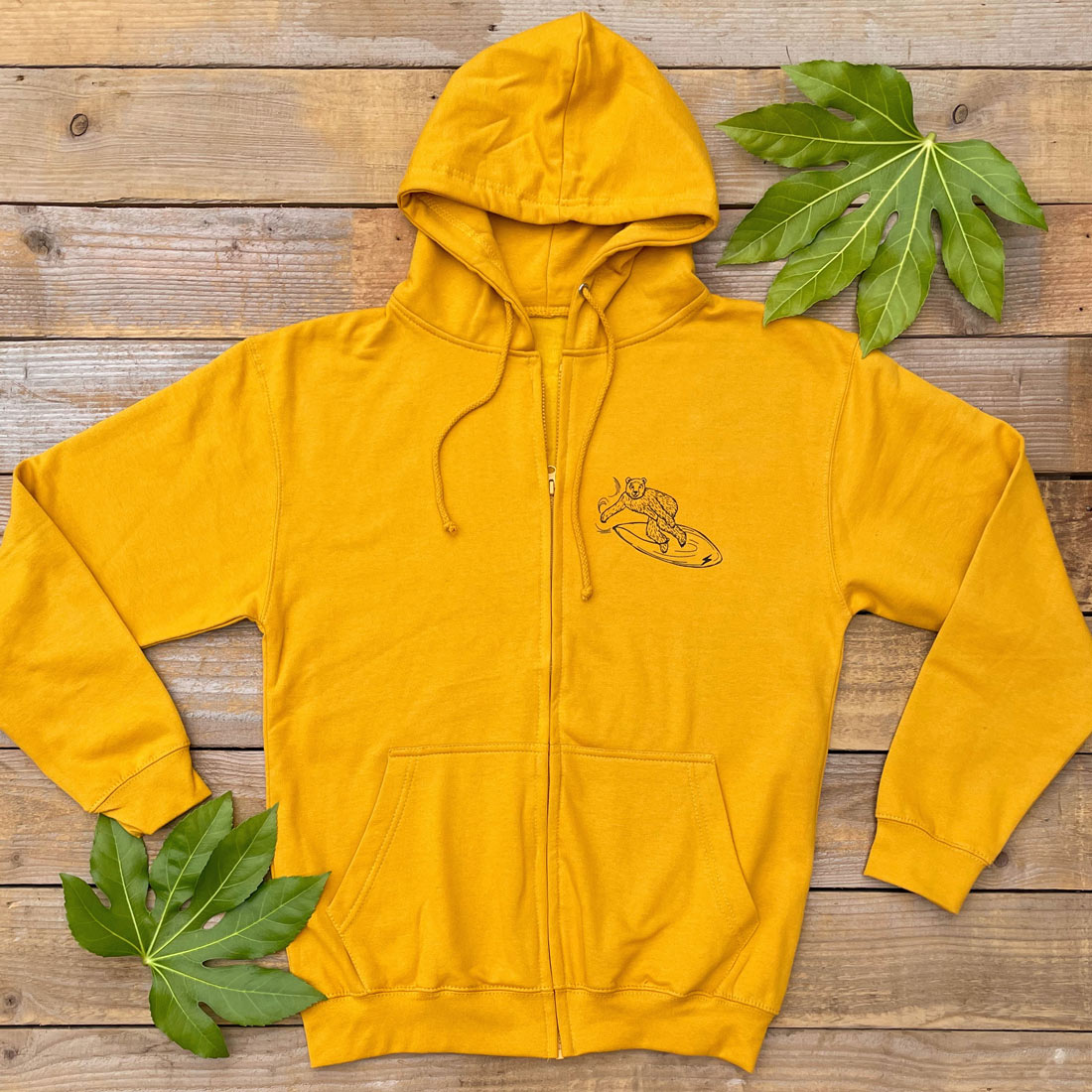 bear surfing mustard hoodie