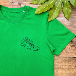 green tee with bear surfing
