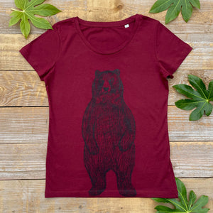 burgundy t-shirt with bear standing
