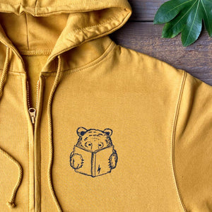 bear reading book mustard hoodie