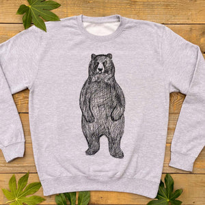 grey jumper with bear standing