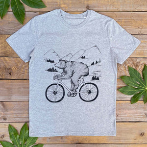 grey tshirt with bear riding a bike