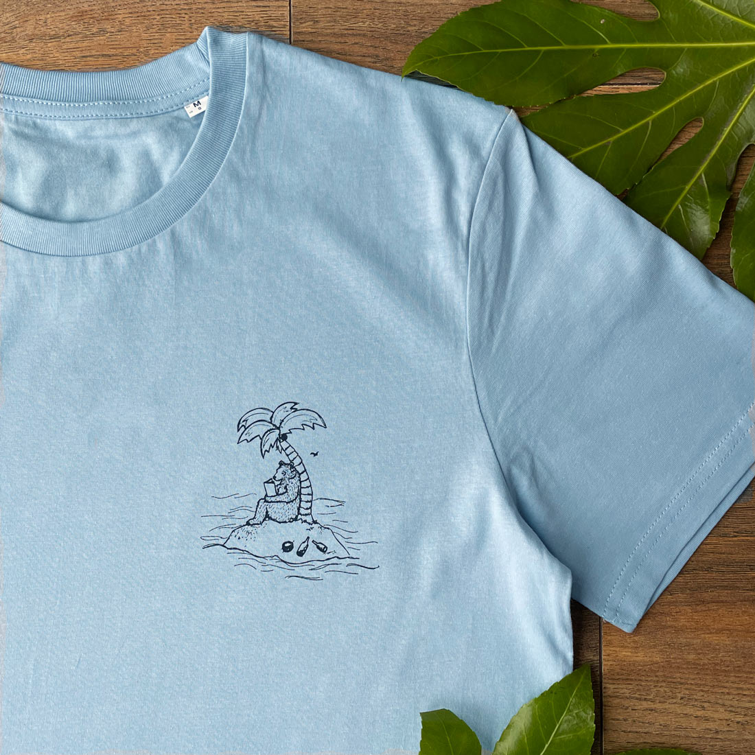bear on desert island sky blue t-shirt