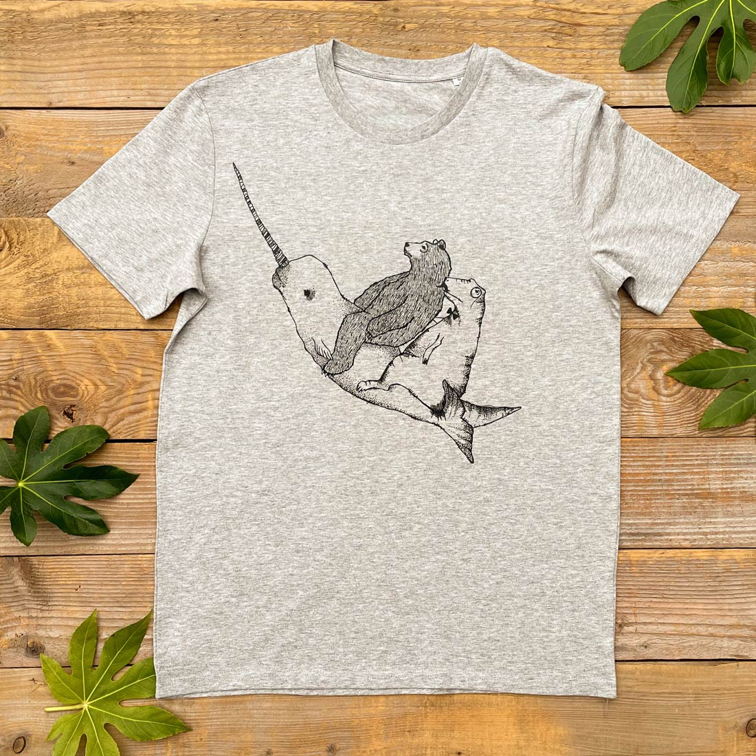 bear riding a narwhal t-shirt