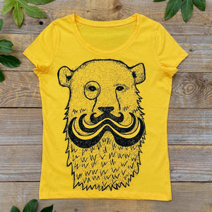 yellow t-shirt with bear with moustache